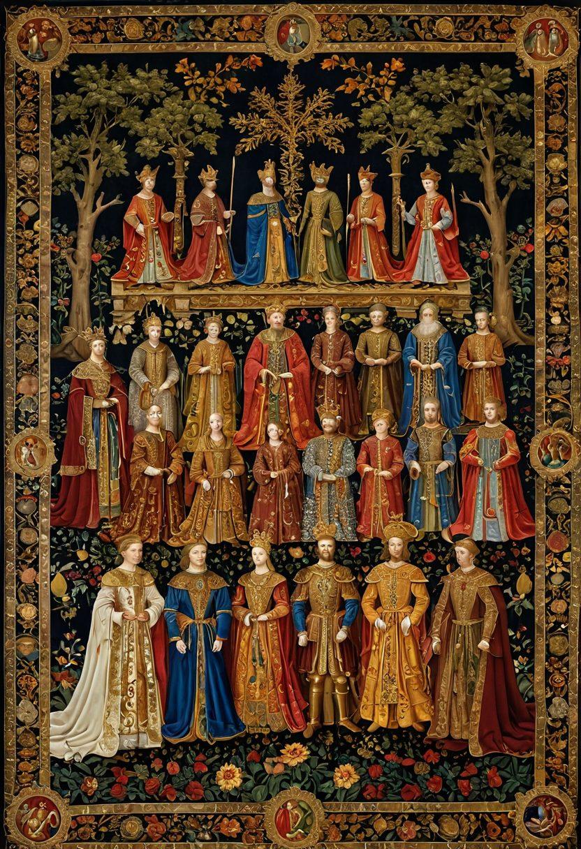 A grand historical tapestry showcasing the evolution of royalty, with noble kings adorned in elaborate medieval armor transitioning into majestic rex emperors in ornate, regal robes. The background features lush landscapes depicting the different eras and cultures, intricately detailed with symbols of power and legacy. Vivid colors highlight the contrast between the ages, while ethereal lighting emphasizes the significance of each ruler. A border of ornate golden filigree frames the scene. vibrant colors. painting.