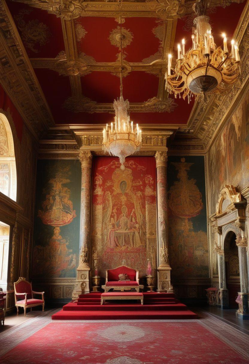 A majestic throne room illuminated by golden chandeliers, featuring intricate tapestries that tell the story of the Rex Dynasty. Silhouettes of regal figures in grand robes, embodying power and legacy, stand beside a large, ornate throne. In the background, a detailed mural depicting historic battles and achievements. The color palette should be rich and opulent, emphasizing deep reds and golds. painting. vibrant colors.