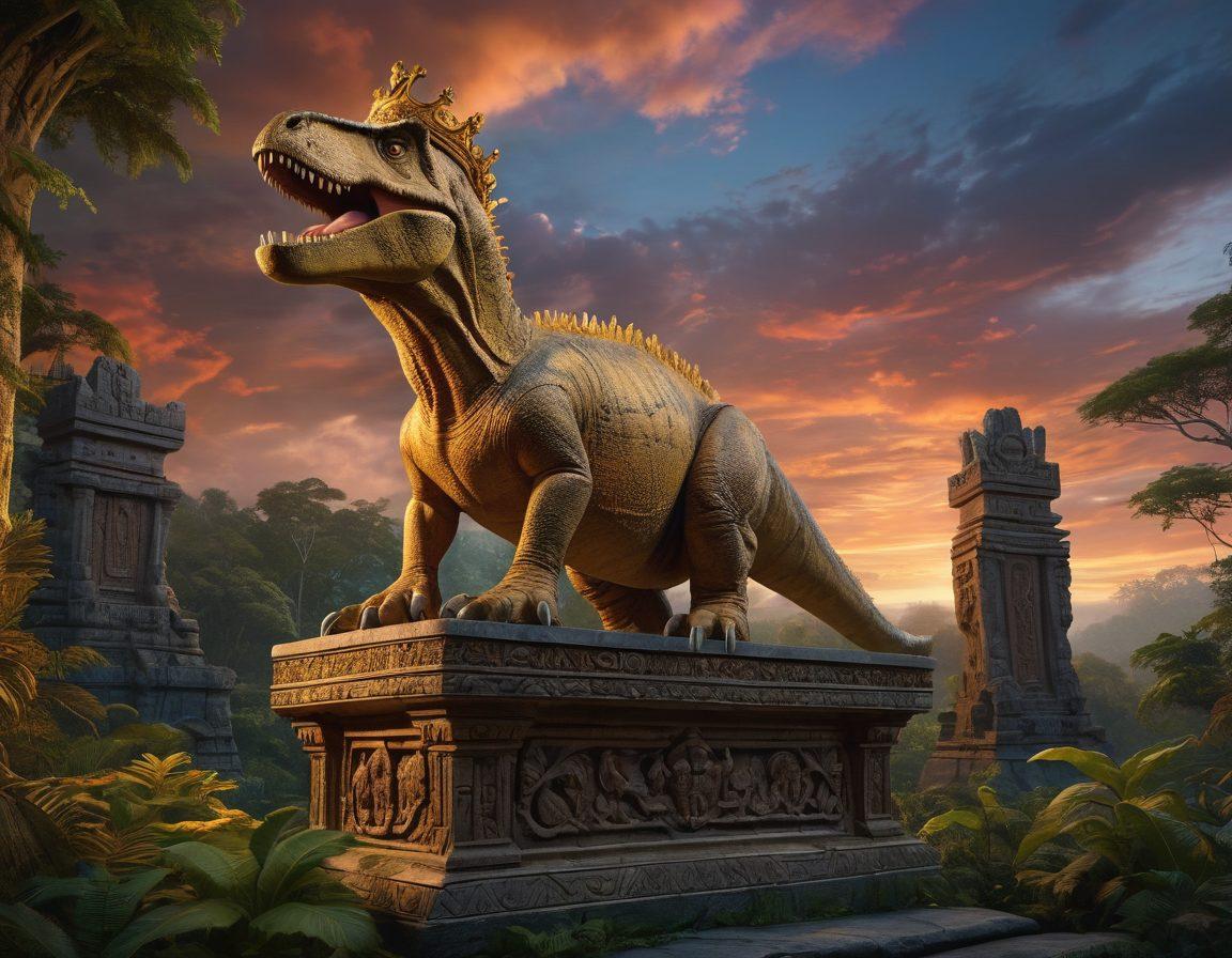 A majestic T-Rex wearing a golden crown, perched upon a stone throne adorned with ancient carvings, surrounded by lush prehistoric jungles. The background features a vibrant sky at twilight, highlighting the dinosaur's grandeur and legacy. Incorporate elements like ancient scrolls and artifacts at the base of the throne. super-realistic. vibrant colors. cinematic lighting.